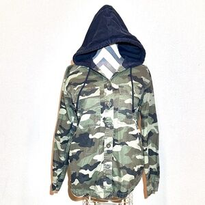 H&M Camo Print Button Down Military Style Hooded Cotton Jacket Size XS
